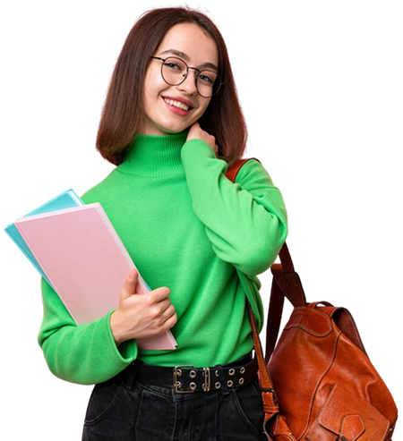A smiling student holding books and a backpack
